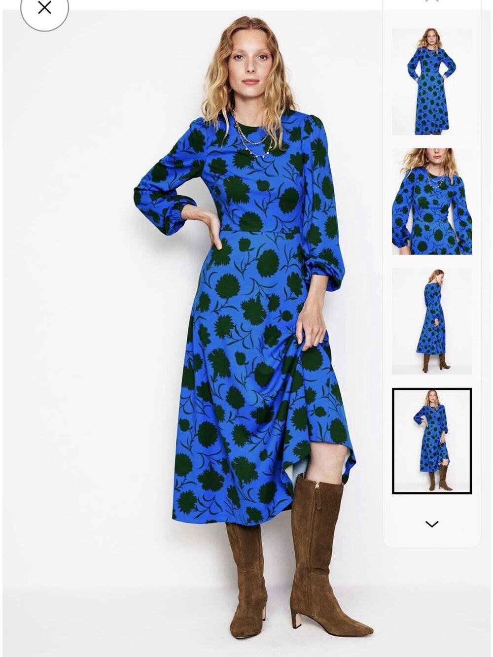 Boden Floral Long Sleeve Midi Dress Green Blue Size US 12R UK 16R Pockets A-line - Picture 1 of 10